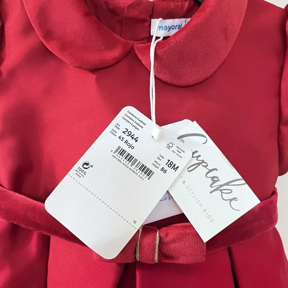 Mayoral Red Bow Taffeta Dress with Belt Collared Girls Size 18 Months NWT